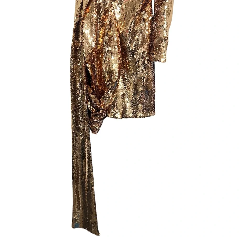 NADINE MERABI Gold Sequin One Shoulder Cocktail Dress - Picture 4 of 9